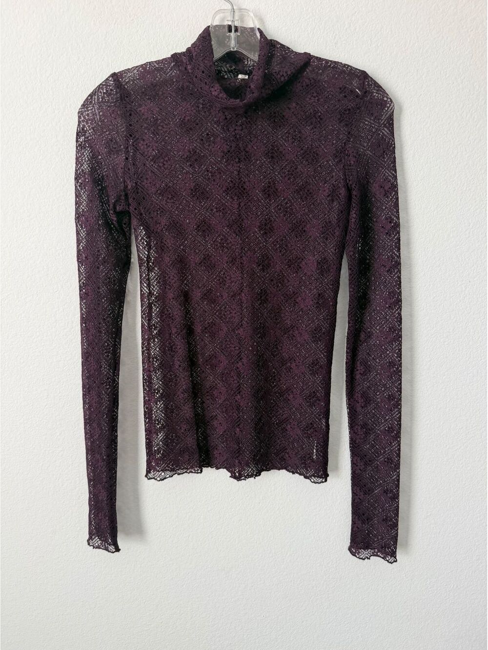 Free People Intimately Turtleneck Plum Purple Lace Sheer Blouse Women's Size XS